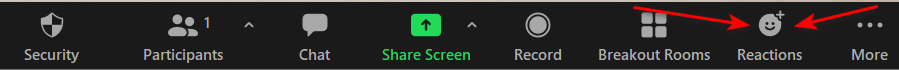 Reactions button on Zoom menu control bar